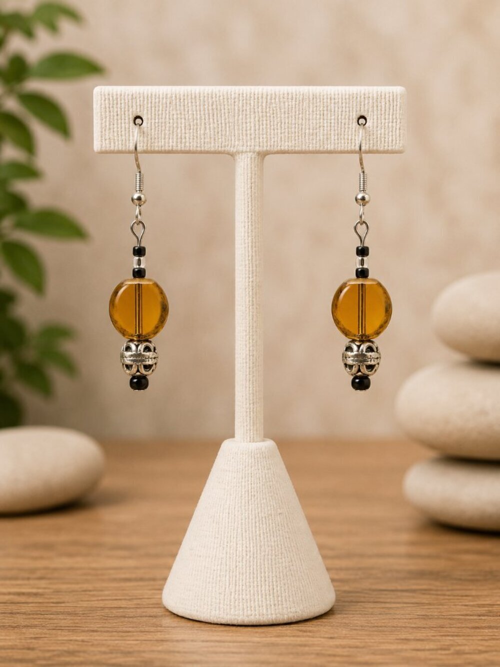Amber Glass Bead Drop Earrings Gold Black | Handmade - Picture 2 of 5